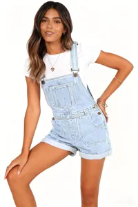 Detailed view of women light wash denim overall shorts, classic casual summer romper styling.