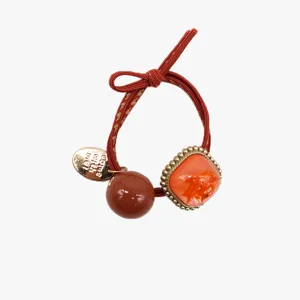 Chouchou élégant style coréen ins avec perle marron et pendentif carré orange vue principale