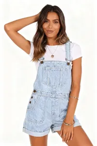 Women light wash denim overall shorts detail view, stylish casual spring outfit for everyday.