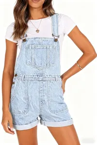 Stylish light wash denim short overalls for women, casual summer bib shorts with pockets.