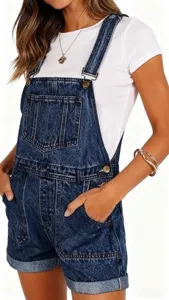 Women's denim overalls shorts casual washed blue romper with pocket and metal buckle details.