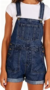 Close-up view of women's blue denim romper overalls with metal buckle details and front pocket.