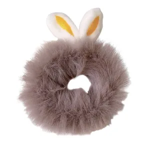 Cute plush rabbit ear hair scrunchie, soft fluffy hair tie for women and girls daily wear style.