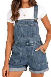 Women denim bib shorts casual overall jumpsuit with white t-shirt fashion detail view