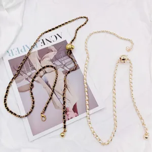 Fashionable Women Metal Woven Leather Waist Chain Belt Ins Style Adjustable Ball Pendant Elegant Trendy Body Chain Ladies Accessory