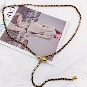 Stylish metal and leather interwoven chain belt for women, trendy ins waist accessory.