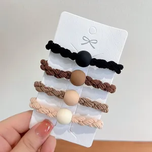 Simple braided hair ties set with round bead ornaments, basic elastic ponytail hair ropes for daily styling