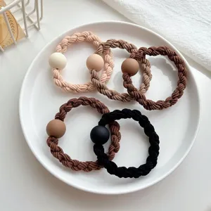 Braided thick hair ties with round beads, simple elastic ponytail holders for women styling.