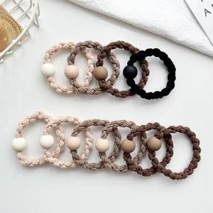 Simple braided hair ties with cute round bead charms, high elasticity ponytail holders.