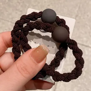 Dark brown thick elastic hair ties with matte beads, simple ponytail holder scrunchies.