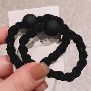 Black braided hair ties with matte round beads, simple elastic ponytail holders for women.