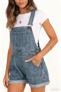 Stylish denim overall shorts paired with a white tee, perfect for casual spring and summer wear.