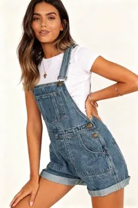 Womens casual denim overalls shorts blue summer streetwear fashion cute sleeveless romper bodysuit.