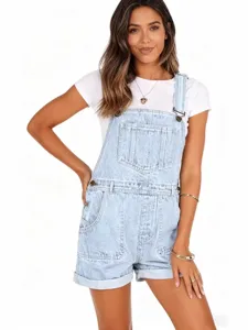 Women light blue denim overalls shorts romper casual summer cute denim jumpsuit with white tee