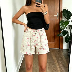 Stylish women polka dot denim shorts casual summer high waist drawstring frayed hem shorts