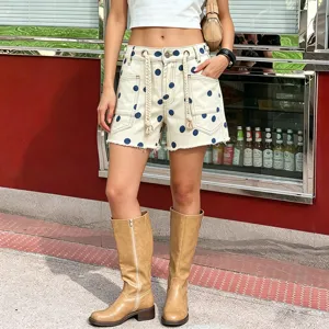 Women high waist denim shorts with blue polka dots, casual drawstring summer denim shorts.
