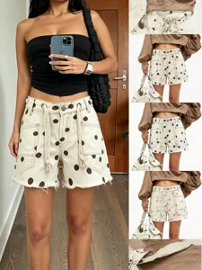 Women's Casual Polka Dot Denim Shorts Mid Waist Drawstring Metal Eyelets Raw Hem Streetwear Summer Fashion Shorts