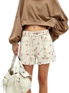Women's cute polka dot denim shorts high waist casual drawstring summer denim shorts