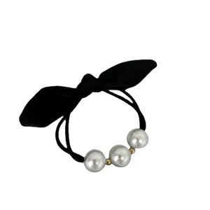 Chouchou Nœud Noir Perle Fausse Élégant Bandeau Élastique Cheveux pour Femmes Mode Quotidienne