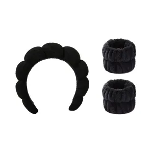 Schwarzes Schwamm Haarreif und Armband Set fur Damen Spa Gesichtsreinigung weich.