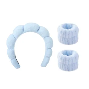 Blaues flauschiges Spa Stirnband und Armbänder Set, weicher Plüsch Make-up Wasch Haarband.