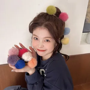 Cute Candy Color Plush Pom Pom Hair Ties Elastic Hair Bands Handmade Fluffy Ponytail Holders For Women Girls