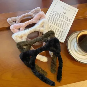 Serre-tête oreilles de chat en peluche pour femme, bandeau doux pour le lavage du visage.