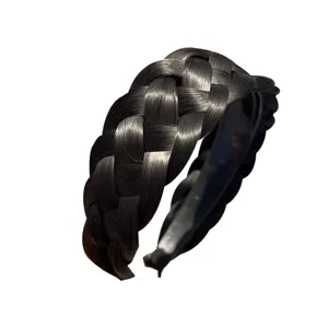 Diadema de peluca trenzada ancha negra para mujer, aro de pelo hecho a mano, accesorio elegante.