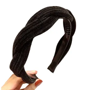 Cerchietto largo intrecciato in ciniglia nera da donna accessori capelli invernali