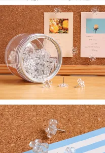 Detailopname van doorzichtige bloempotloodjes, transparante pot en leuke spelden voor prikbord.