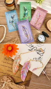 Elegant metal feather bookmark set with delicate chain, vintage aesthetic stationery gift for students.