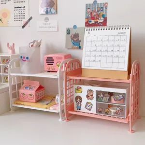 Scaffale Organizzatore da Tavolo a Doppio Strato Pieghevole in Plastica per Cosmetici Cancelleria Casa Ufficio Accessori da Scrivania