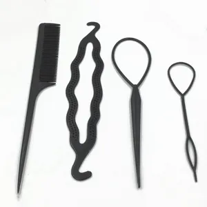Set di strumenti per capelli neri, pettine a coda fine e accessori per trecce dettaglio.
