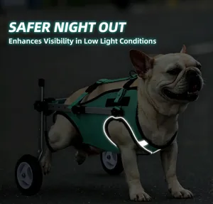 Pet wheelchair detail showing breathable mesh harness, sturdy aluminum frame and night reflector.