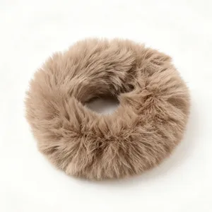 Detailed view of the fluffy plush faux mink hair scrunchie, soft texture for autumn winter.
