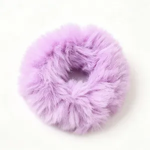 Soft purple plush faux fur hair scrunchie detail view, fluffy winter hair accessory
