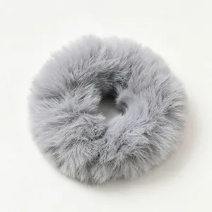 Grey faux fur hair scrunchie fluffy winter pony tail holder soft hair accessory
