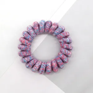 Korean style pink and blue braided telephone cord hair tie, elastic hair coil scrunchie.