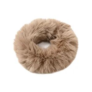 Autumn winter plush hair scrunchie fluffy brown faux mink fur ponytail holder for women