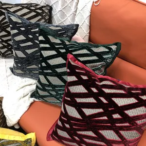 Velvet cushion cover with geometric lines, modern decorative pillowcase for sofa.