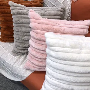 Faux rabbit fur throw pillow covers with striped design, soft cozy cushion for sofa, bed.