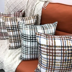 Chenille plaid throw pillow cover, soft decorative cushion for sofa and bedroom decor.