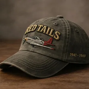 Vintage washed cotton baseball cap with Red Tails embroidery and fighter plane design.