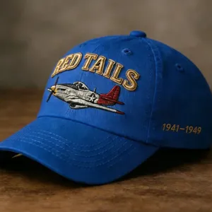 Retro blue cotton baseball cap with embroidered fighter plane and Red Tails design.
