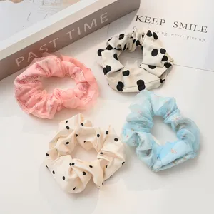 French double layer mesh scrunchies set, floral and polka dot hair ties for women styling.