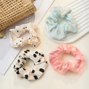 Elegant French style double-layer mesh hair scrunchies, sweet polka dot and floral hair ties.