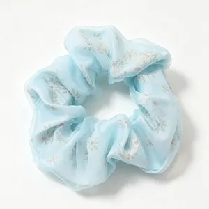 Light blue floral double layer mesh scrunchie sweet hair accessory for women daily wear