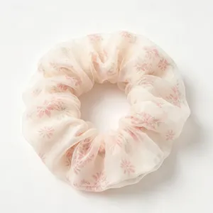 French sweet double-layer mesh hair scrunchie with cute floral print, elegant hair accessory.