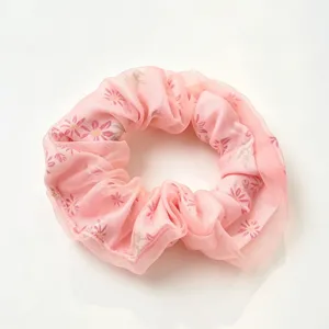 French sweet double layer mesh hair scrunchie for women, pink floral minimalist cute hair tie.