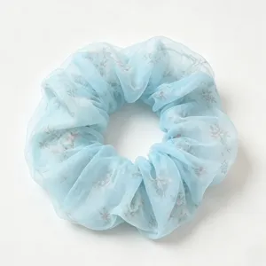 Light blue floral double layer mesh hair scrunchie sweet minimalist hair tie fashion accessory
